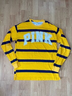 PINK Victoria’s Secret Yellow & Navy Blue Long Sleeve Striped Logo Tee Size XS